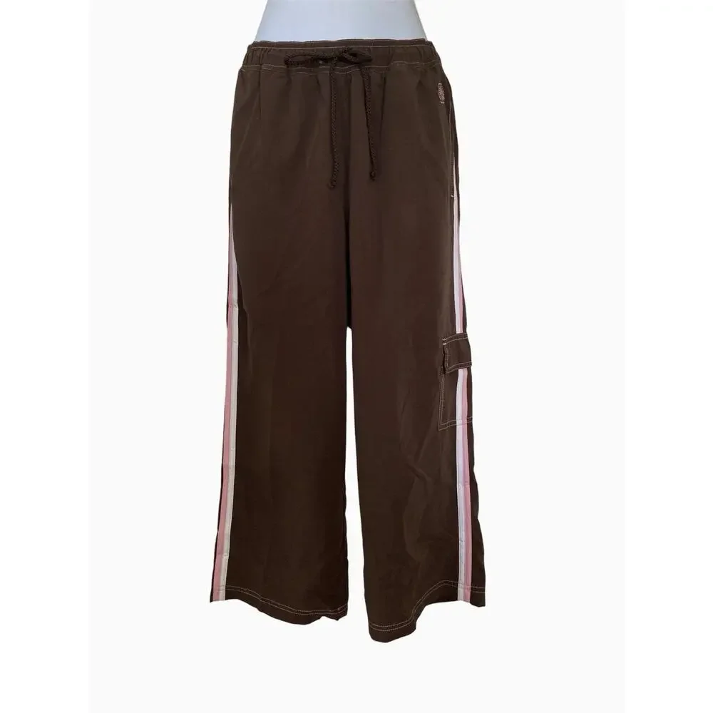 Vintage 90s Y2k Brown Sporty Stripe Athletic Wear Cropped Cargo Track Pants S - Picture 6 of 8